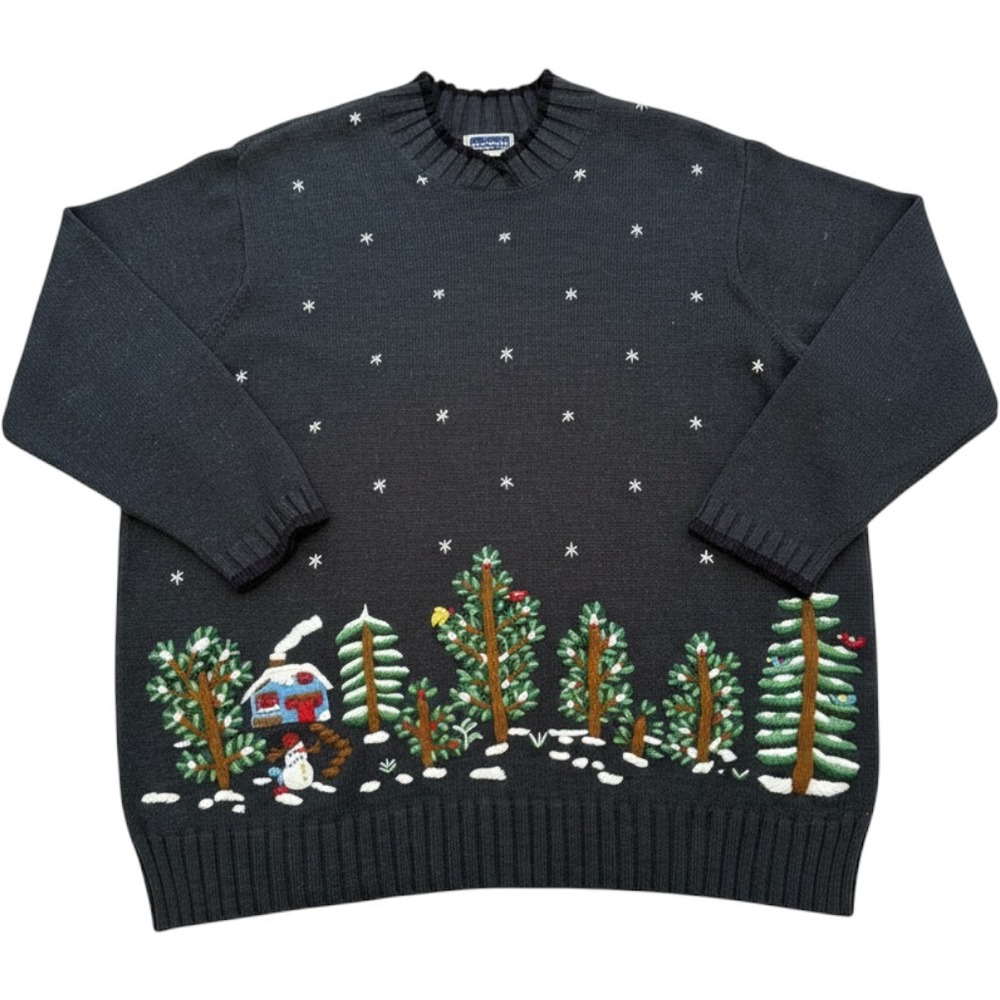 CST Sport Womens 4X Winter Scene Embroidered Sweater Black Snowman Trees Holiday